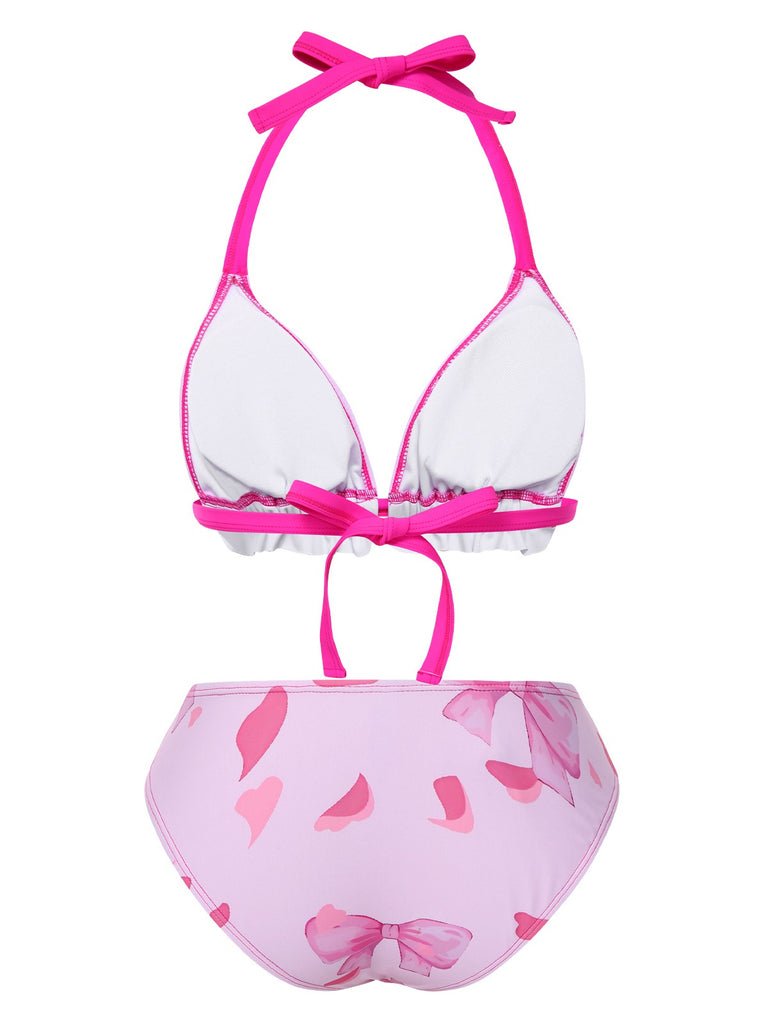Pink 1950s Bowknot Print Halter Bikini Set, vintage swimsuit, pin-up swimwear - perfect for women who love vintage and retro fashion