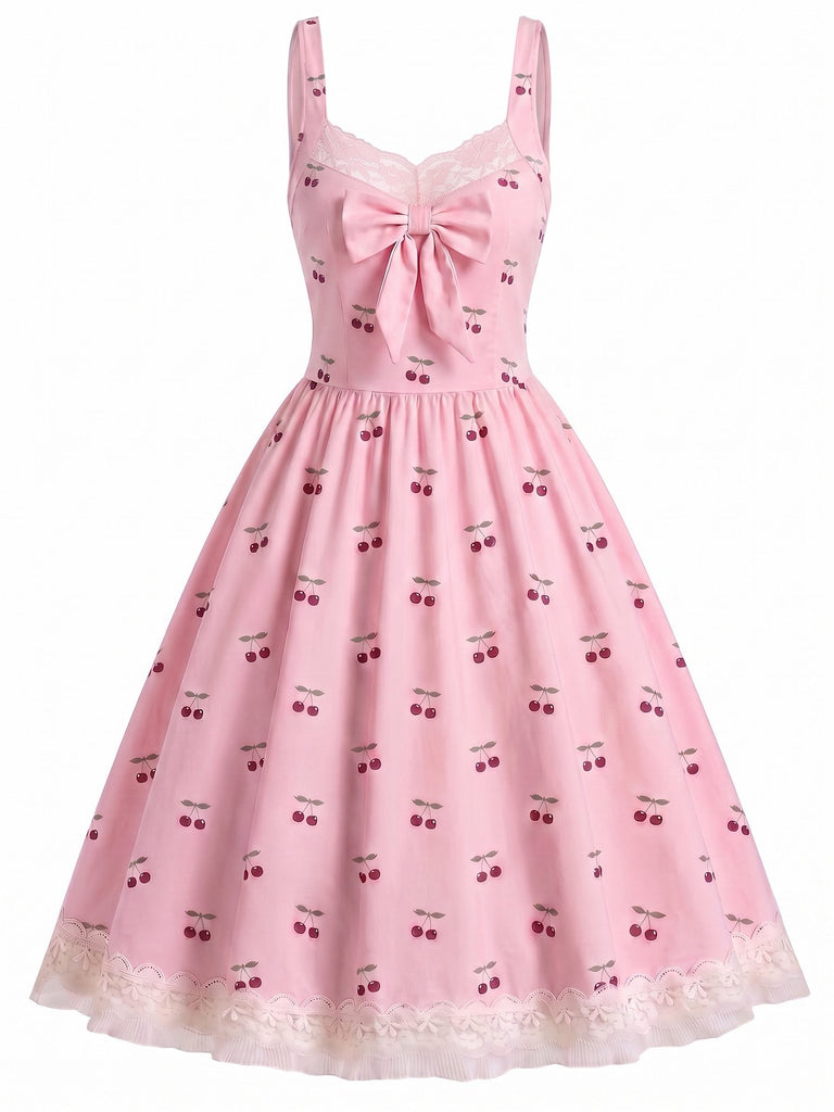 Pink 1950s Cherry Lace Bow Swing Dress