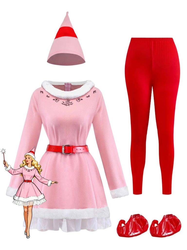 Pink 1950s Christmas Elf Plush-Edged Dress Set - vintage dress, retro fashion, rockabilly