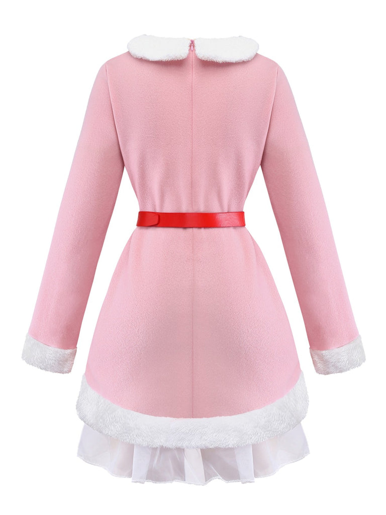 Pink 1950s Christmas Elf Plush-Edged Dress Set - vintage dress, retro fashion, rockabilly