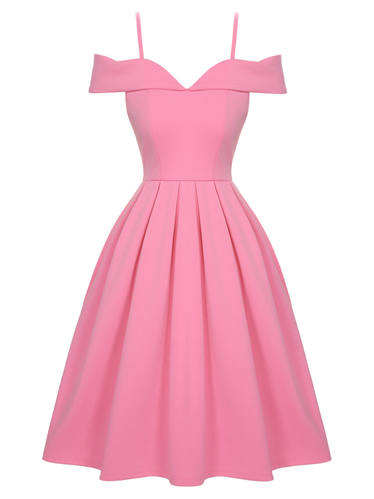 Retro Stage A-Line Cold Shoulder Solid Dress Pink Retro Stage A-Line Cold Shoulder Solid Dress Pink