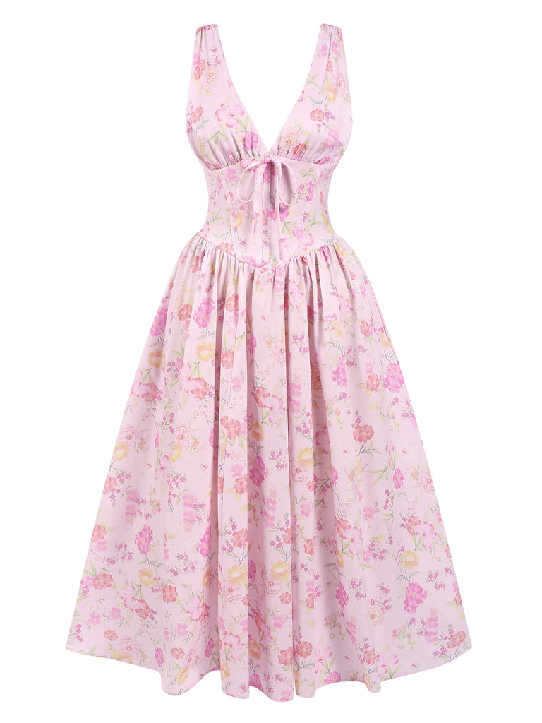 Pink Floral Deep V-Neck Lace-Up Milkmaid Dress for Date Pink Floral Deep V-Neck Lace-Up Milkmaid Dress for Date