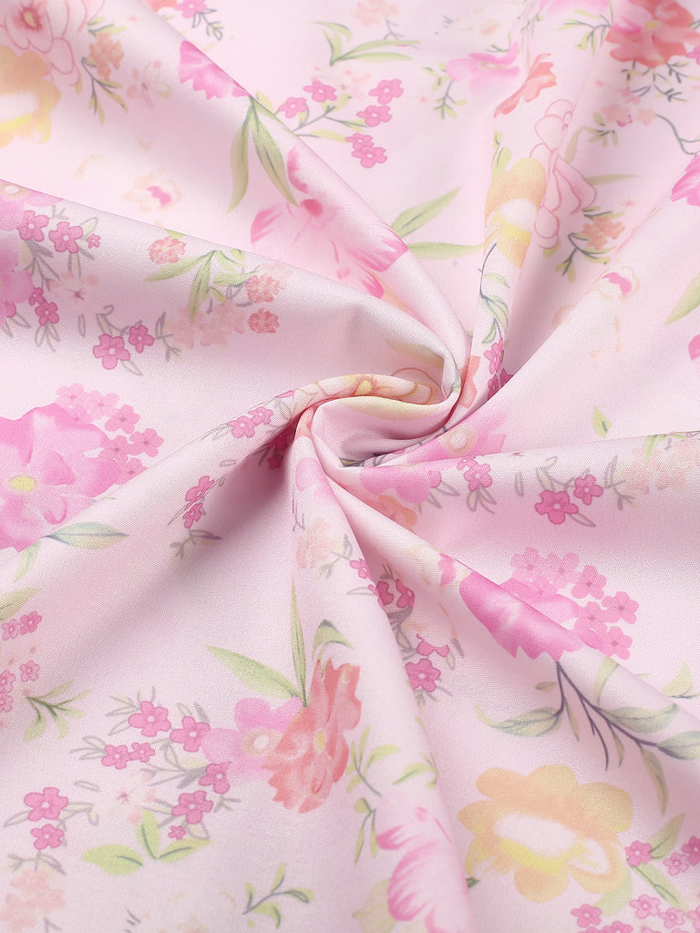 Pink 1950s Deep V-Neck Lace-Up Floral Dress — the kind of 1950s dress that makes strangers smile