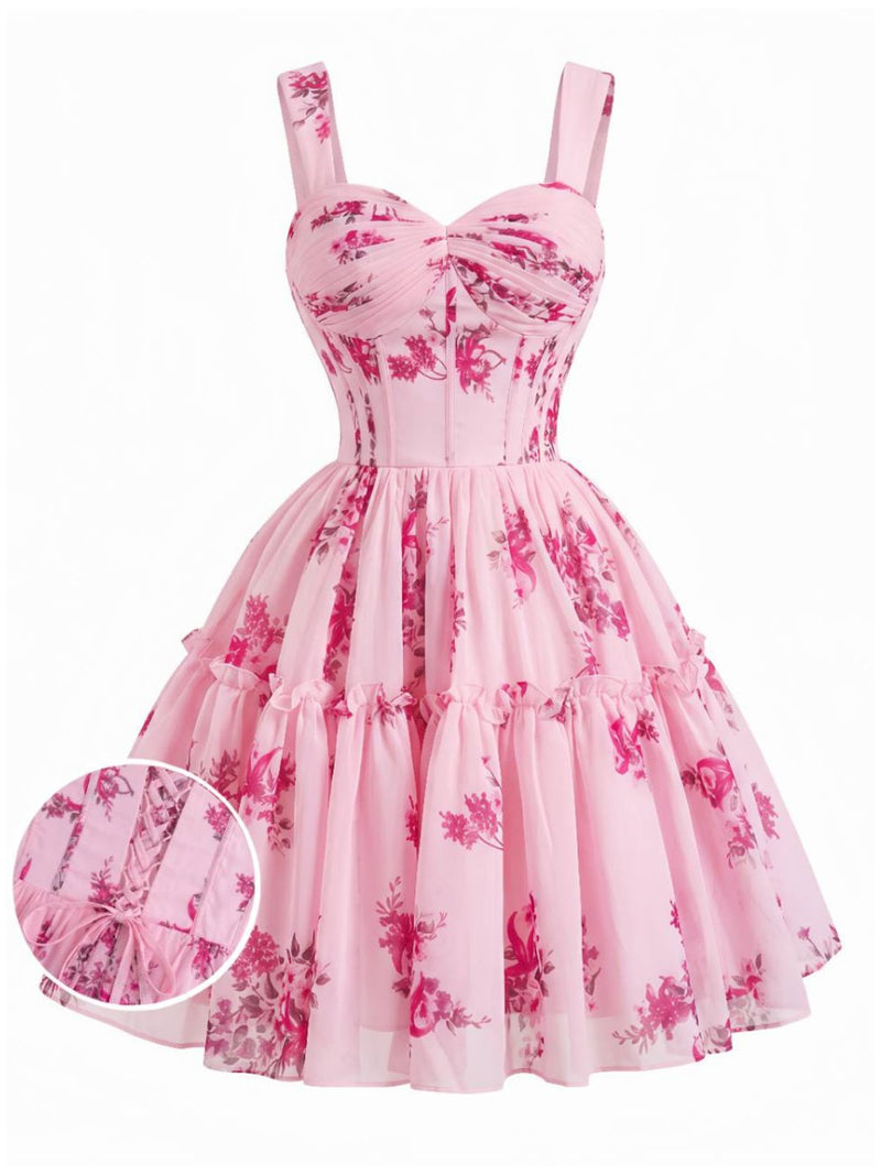 Pre-Sale] Pink 1950s Ditsy Floral Corset Back-Tie Tutu Dress
