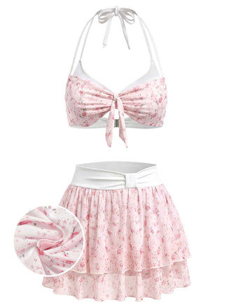 [Pre-Sale] Pink 1950s Halter Ruffle Chiffon Swimsuit