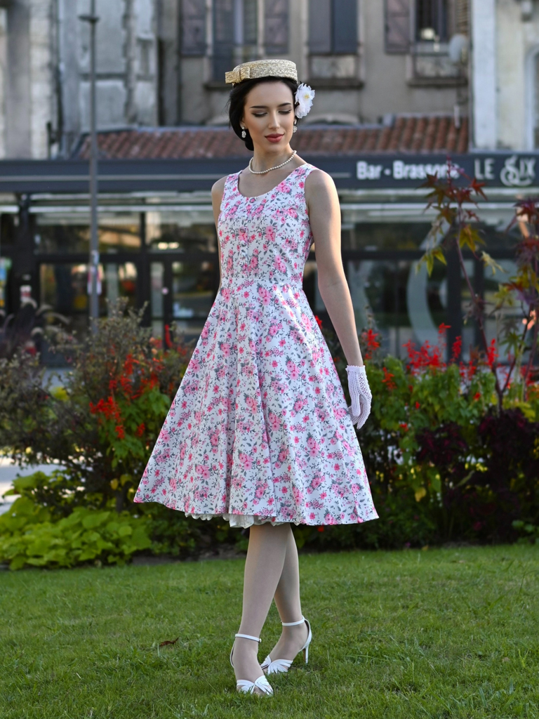 Pink 1950s Ditsy Floral Smocked Dress - vintage dress, retro fashion, rockabilly