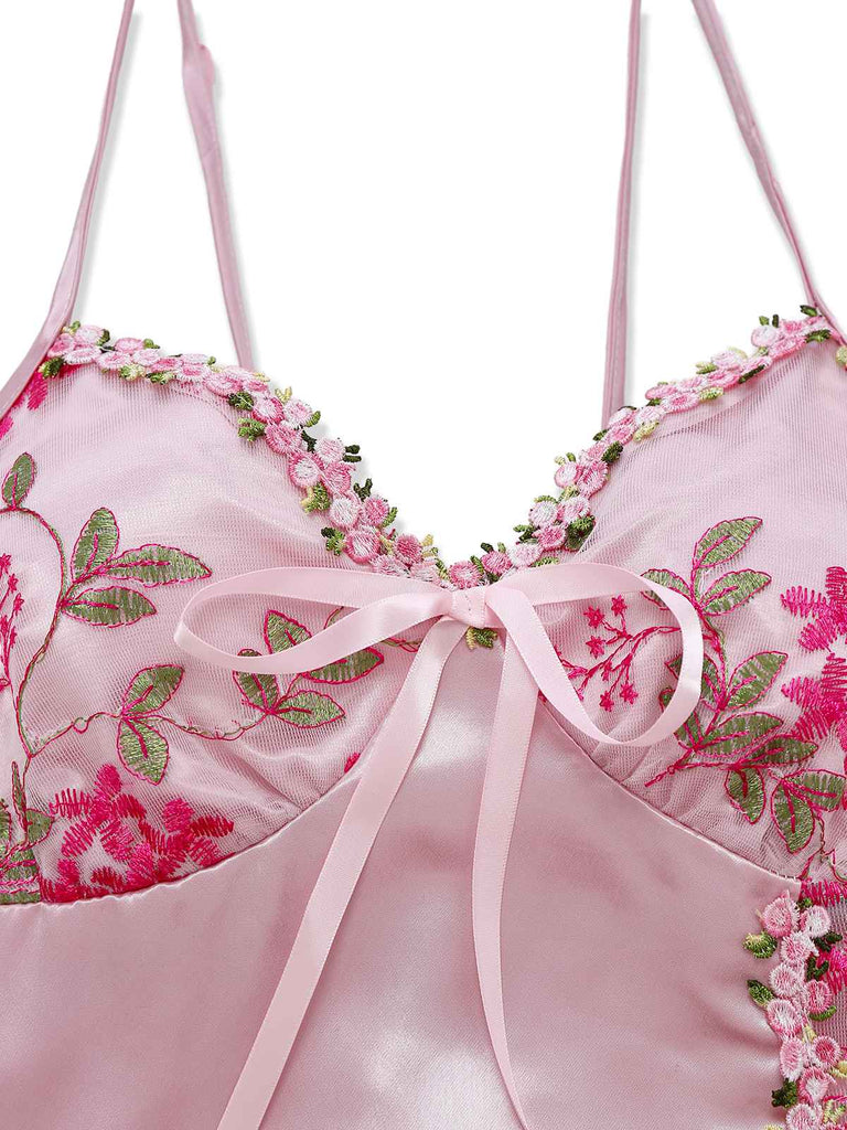 Pink 1950s Embroidered Floral Mesh Satin Nightgown - vintage nightgown, retro sleepwear, elegant red