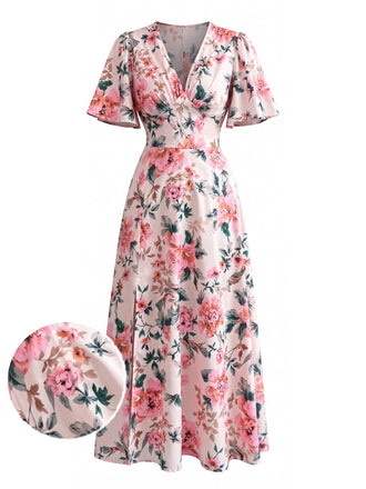 Pink 1950s Floral V Neck Dress