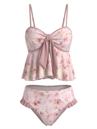 [Pre-Sale] Pink 1950s Floral Ruffle Tankini Swimsuit