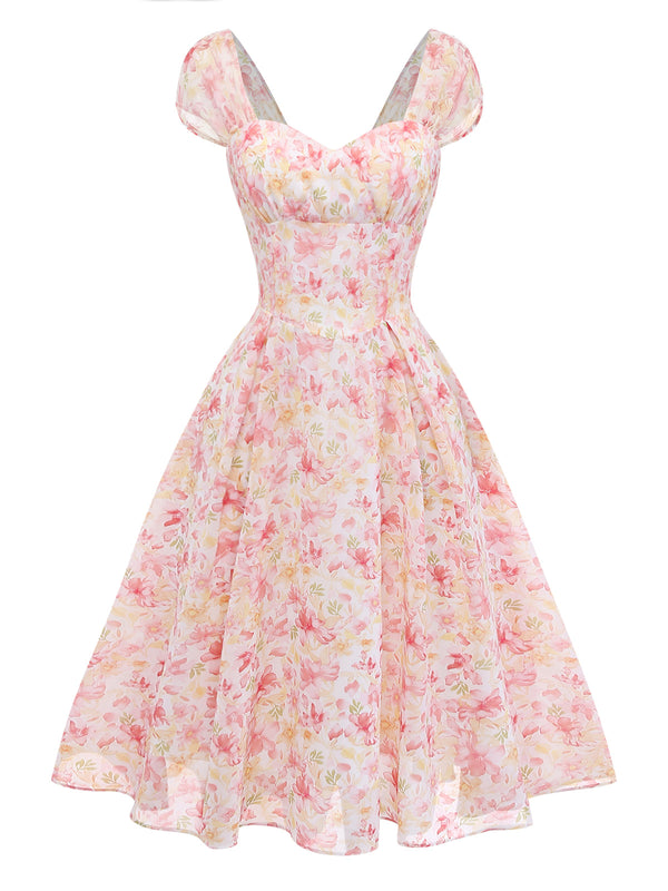Pink 1950s Floral Sweetheart Neck Bow Dress