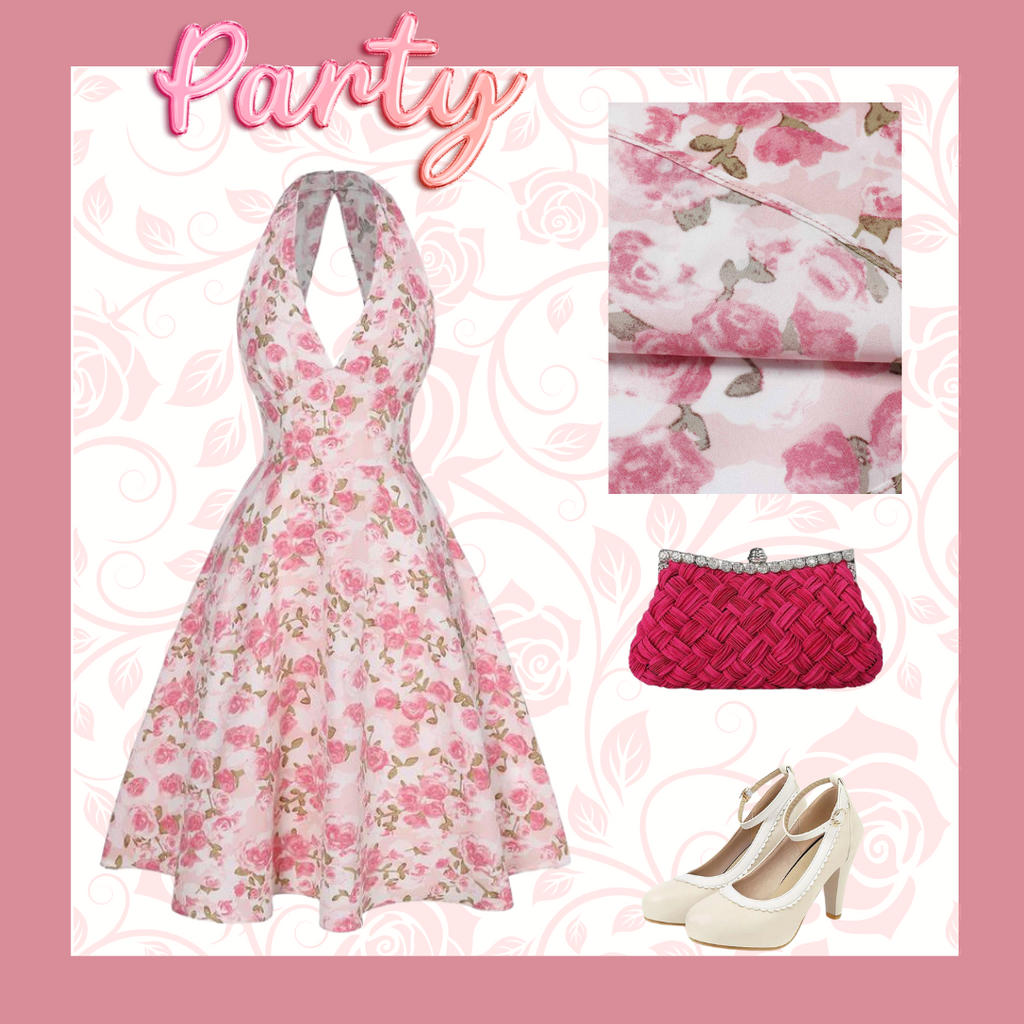 She slips into this Pink 1950s Floral V-Neck Dress and suddenly it's a 1950s daydream