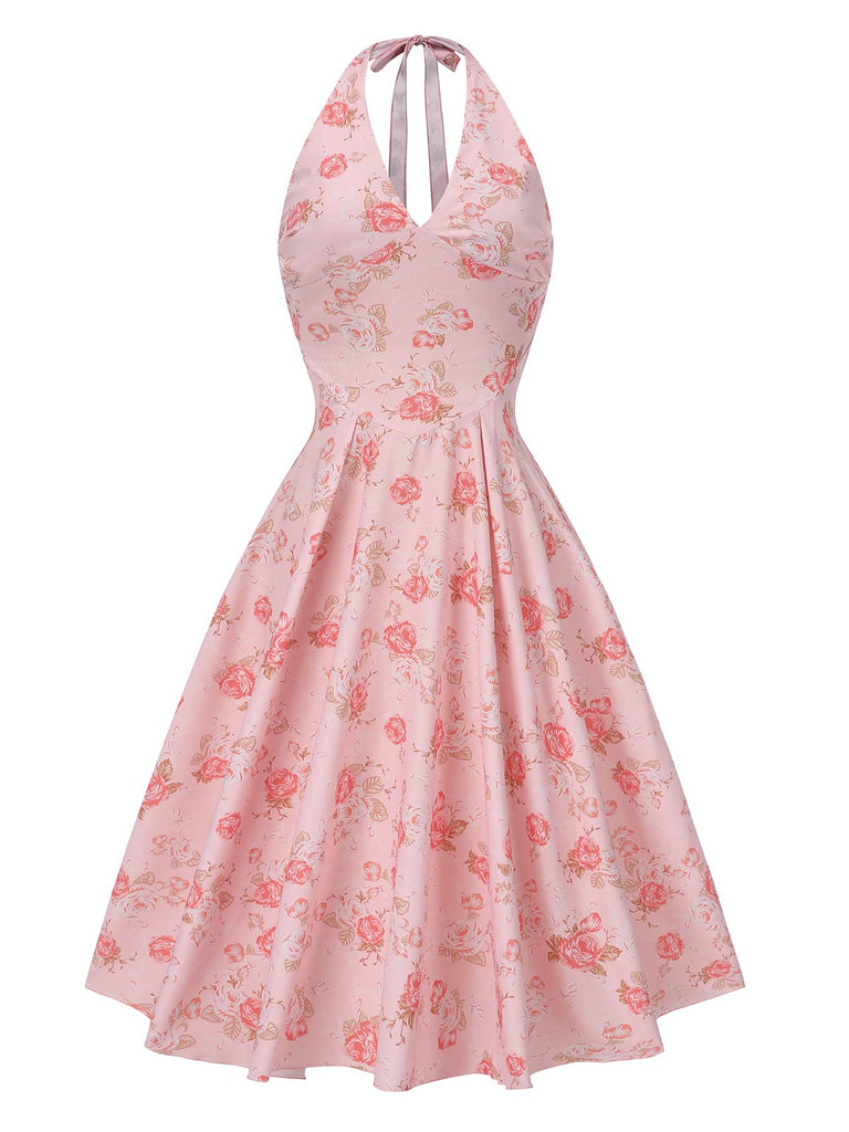 Retro Stage 1950s Floral V-Neck Halter Dress Pink