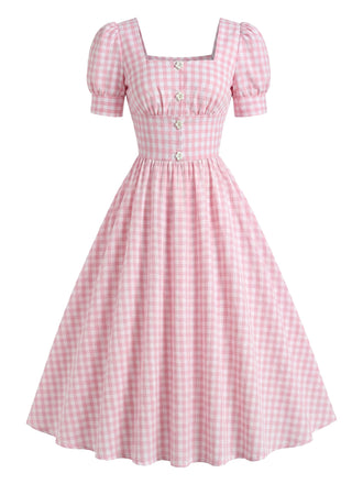 [Pre-Sale] Pink 1950s Gingham Floral Button Pure Cotton Dress