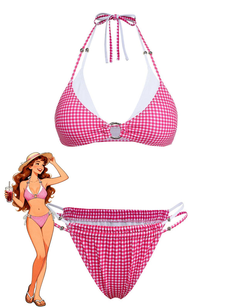 Peach Pink 1960s Plaid Bikini Set 6