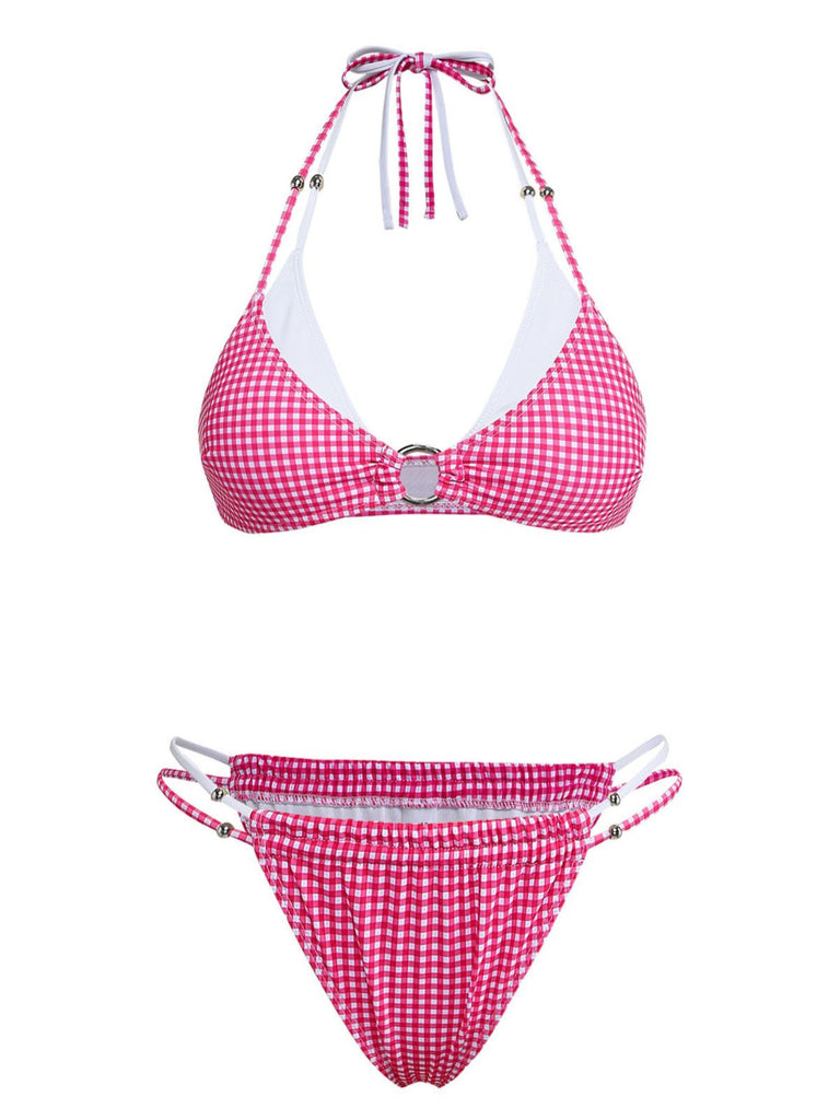 Peach Pink 1960s Plaid Bikini Set 7
