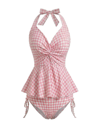 Pink 1950s Gingham Halter Ruffled Tankini Set, vintage set, retro outfit, matching ensemble, women, elegant