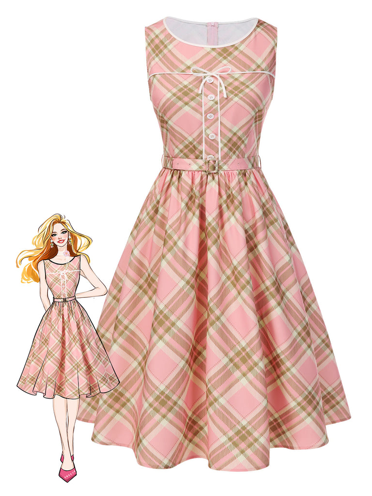 Pink 1950s Gingham Plaid Sleeveless Belted Dress - vintage dress, retro fashion, rockabilly