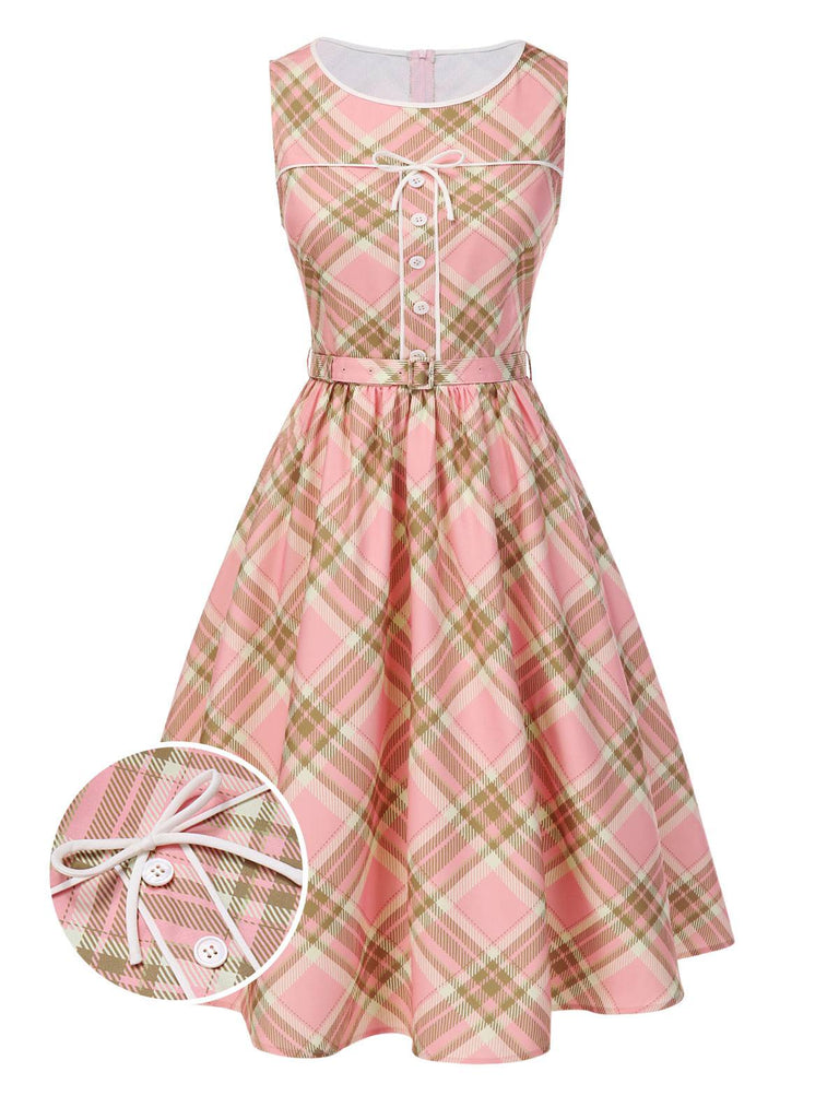 Pink 1950s Gingham Plaid Sleeveless Belted Dress - vintage dress, retro fashion, rockabilly