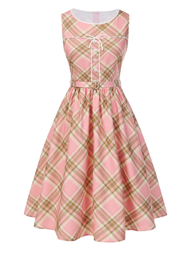Pink 1950s Gingham Plaid Sleeveless Belted Dress - vintage dress, retro fashion, rockabilly
