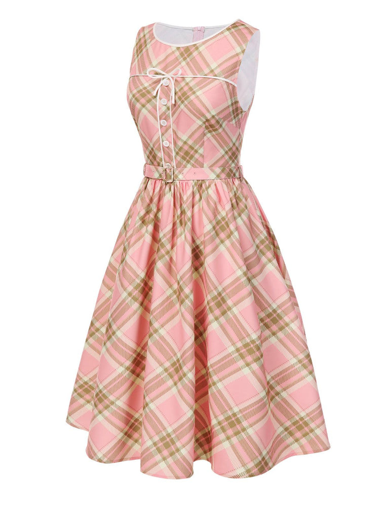 Pink 1950s Gingham Plaid Sleeveless Belted Dress - vintage dress, retro fashion, rockabilly