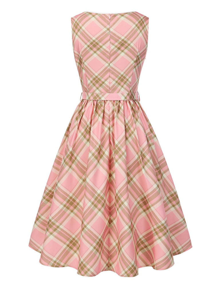 Pink 1950s Gingham Plaid Sleeveless Belted Dress - vintage dress, retro fashion, rockabilly
