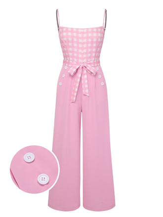 Pink 1950s Gingham Plaid Suspender Jumpsuit, vintage romper, retro jumpsuit - perfect for women who love vintage and retro fashion