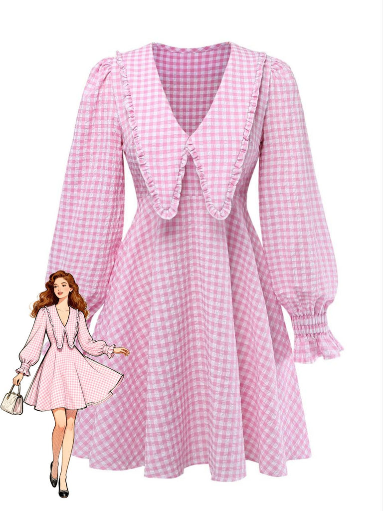 Pink 1950s Gingham Ruffled Lapel Puff Sleeve Dress, vintage dress, retro fashion, rockabilly, pin-up fashion - perfect for women who love vintage and retro fashion
