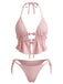 Pink 1950s Halter Beaded Jacquard Solid Bikini Set: beautiful vintage swimwear, retro swimsuit, pin-up style with timeless appeal