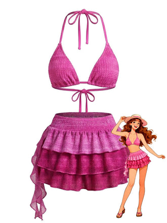 Pink 1950s Halter Bikini Set & Ruffle Skirt Cover-Up - vintage skirt, retro style