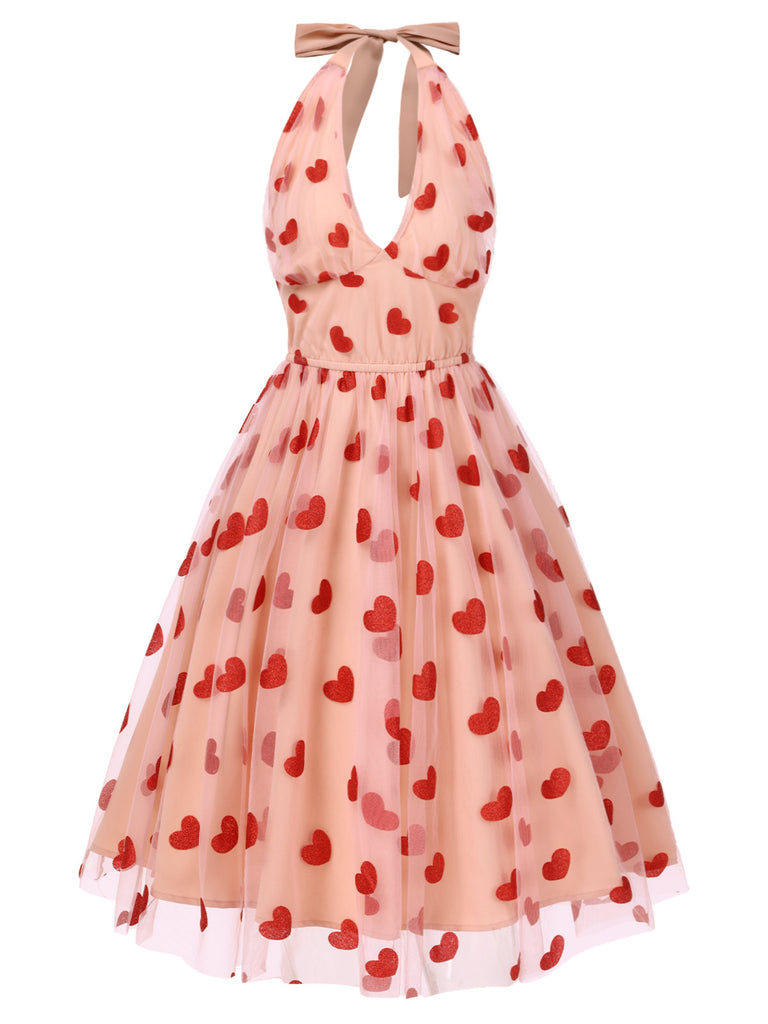 Pink 1950s Halter Heart Mesh Dress: where 1950s romance meets her modern spirit