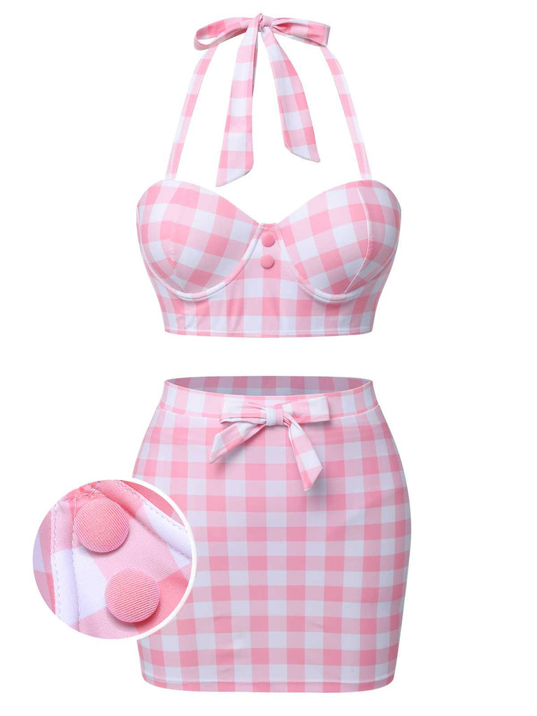 She's wearing Pink 1950s Halter Plaids Bow Swimsuit and the whole beach remembers the 1950s