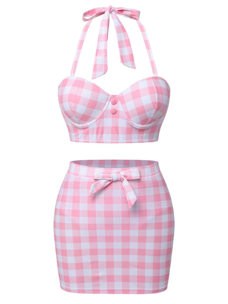 Pink 1950s Halter Plaids Bow Swimsuit: 1950s Riviera elegance, reimagined for her