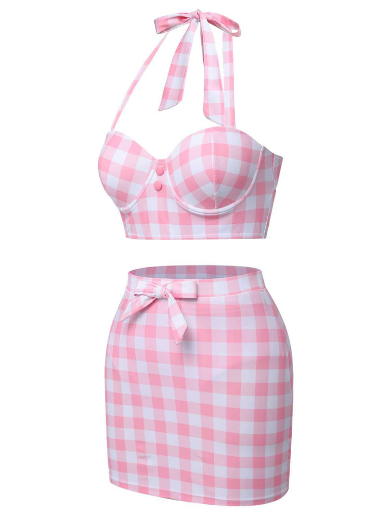 This Pink 1950s Halter Plaids Bow Swimsuit carries 1950s vacation dreams in every stitch