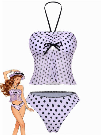 Pink 1950s Halter Polka Dot Bow Tankini Set - vintage fashion, retro style