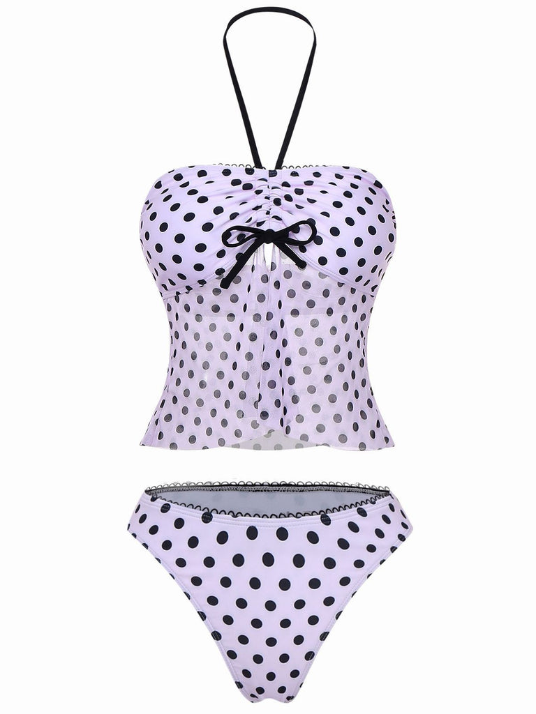 Pink 1950s Halter Polka Dot Bow Tankini Set - vintage fashion, retro style