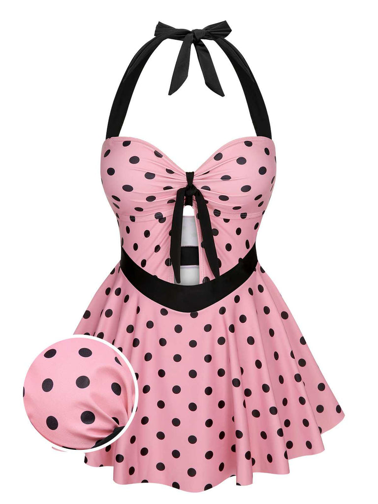 She's wearing Pink 1950s Halter Polka Dots One-Piece Swimsuit and the whole beach remembers the 1950s