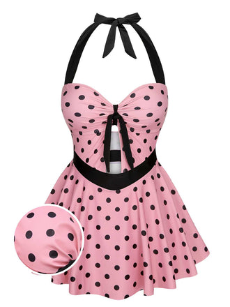 She's wearing Pink 1950s Halter Polka Dots One-Piece Swimsuit and the whole beach remembers the 1950s