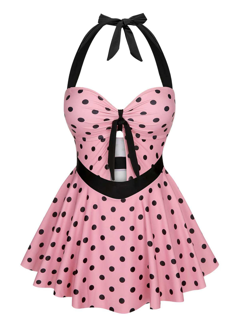 Pink 1950s Halter Polka Dots One-Piece Swimsuit: 1950s Riviera elegance, reimagined for her