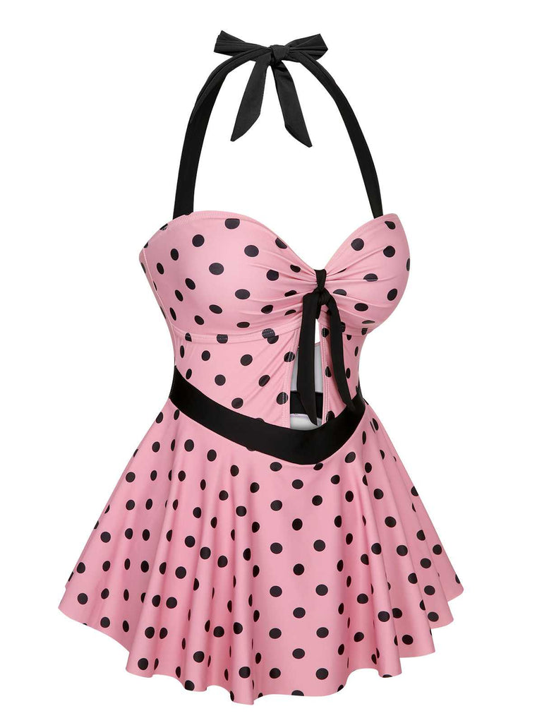 This Pink 1950s Halter Polka Dots One-Piece Swimsuit carries 1950s vacation dreams in every stitch