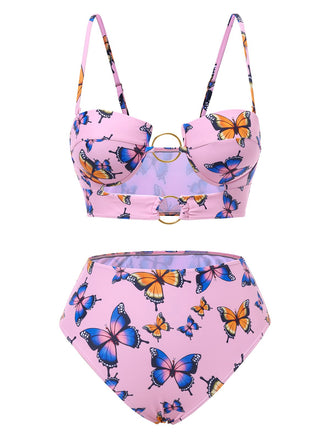 Pink 1950s Hollow Ring Butterfly Bikini Set, vintage swimsuit, pin-up swimwear - perfect for women who love vintage and retro fashion