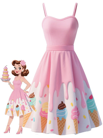 Pink 1950s Ice-Cream Sweetheart Neck Dress - vintage dress, retro fashion, rockabilly