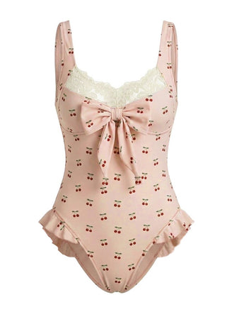 [Pre-Sale] Pink 1950s Lace Cherry Bow One-Piece Swimsuit, vintage swimsuit, pin-up swimwear - perfect for women who love vintage and retro fashion