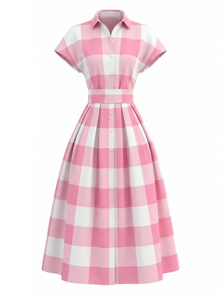 Pink-1950s-Lapel-Gingham-Cap-Sleeve-Shirt-Dress, vintage, retro, dress