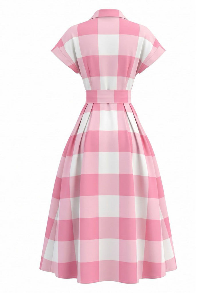 Pink-1950s-Lapel-Gingham-Cap-Sleeve-Shirt-Dress, vintage, retro, dress