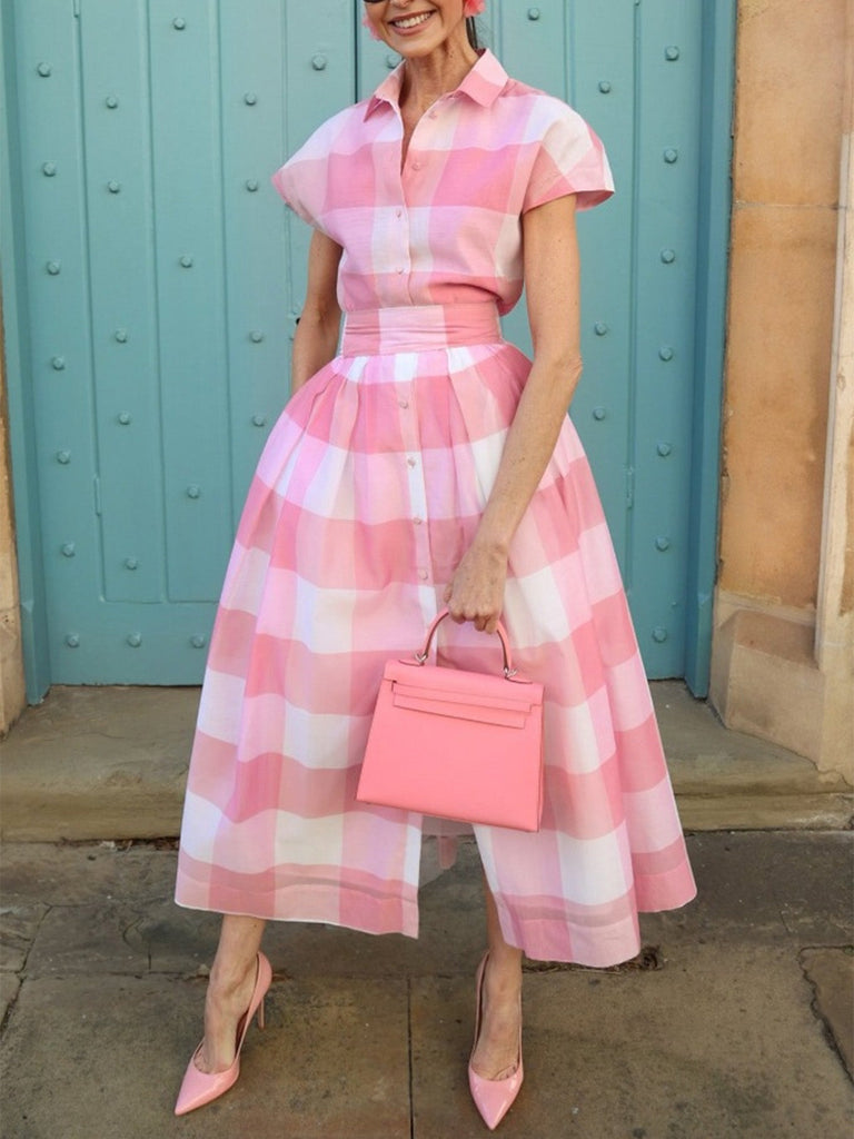 Pink-1950s-Lapel-Gingham-Cap-Sleeve-Shirt-Dress, vintage, retro, dress