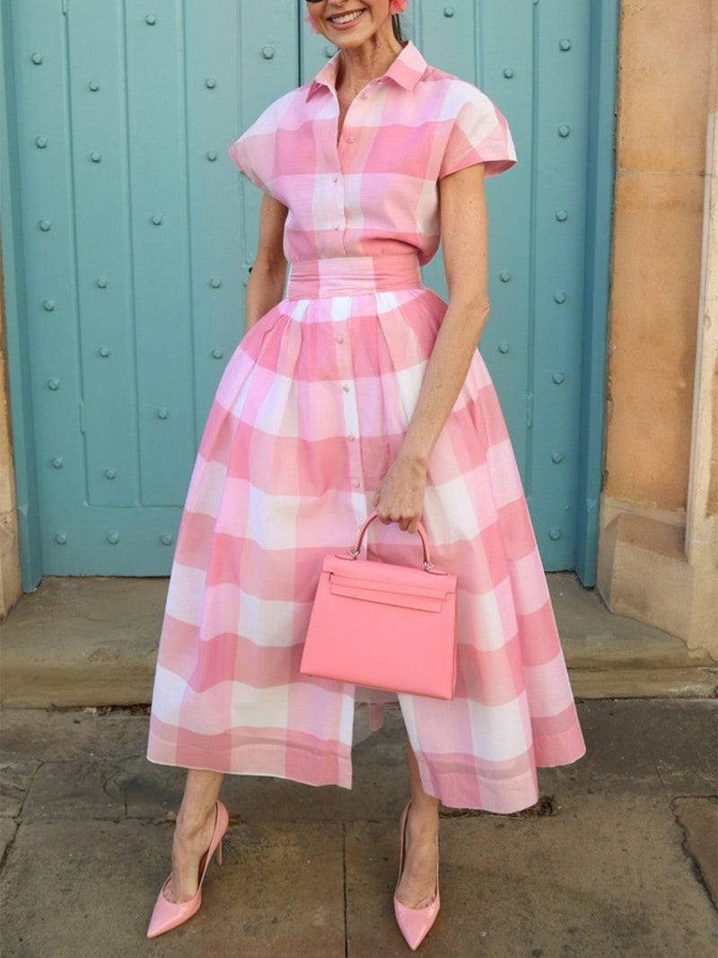 pink gingham shirt dress Pink 1950s Lapel Gingham Cap Sleeve Shirt Dress