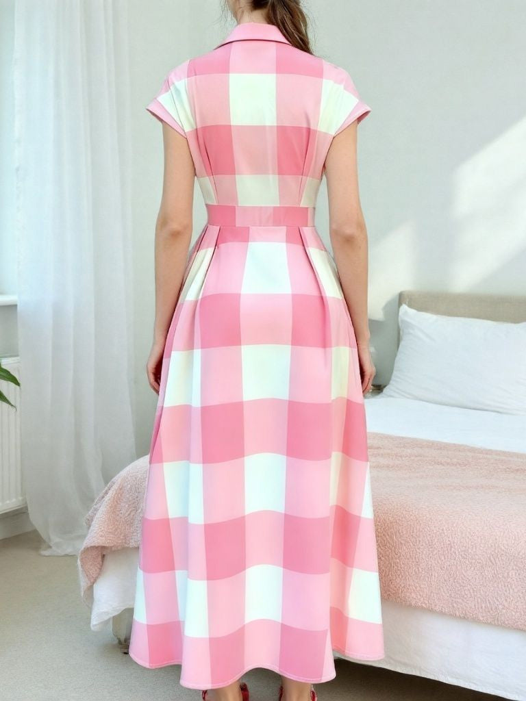 Pink 1950s Lapel Gingham Cap Sleeve Shirt Dress