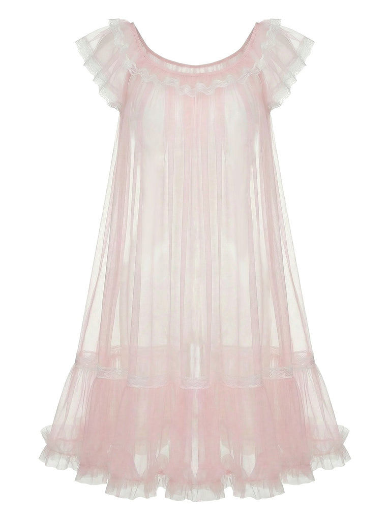 Pink dress with ruffled sleeves and bottom on a white background
