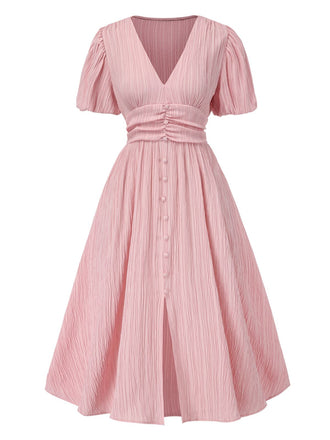 She slips into this Pink 1950s Pinstripe V-Neck Puff Sleeves Ruched Dress and suddenly it's a 1950s daydream