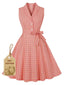 Pink 1950s Plaid Buttoned Lapel Belted Dress